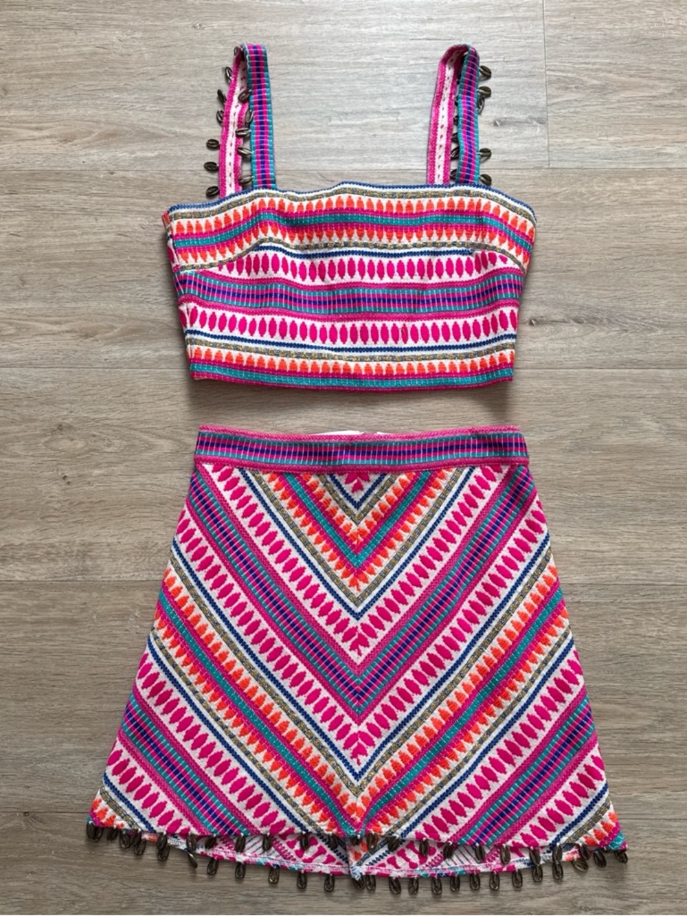 Saylor Pink Multicolor Embroidered Two-Piece Crop Top & Skirt Set Small